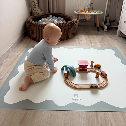 Kids Mealtime Floor Mat, Non-Slip & Waterproof - Blue Frame
